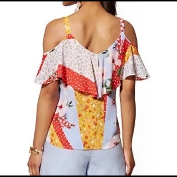 Cold Shoulder Ruffle Floral Mixed Print Blouse - Picture 3 of 3